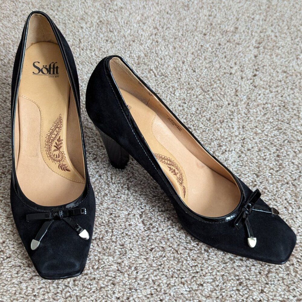Sofft Pumps Womens 11 Black Leather Square Toe Bow Patent Accents Comfort Career